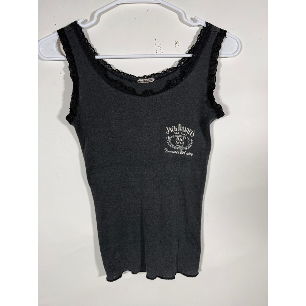 Jack Daniels Tennessee Whiskey Graphic Tank Top Lace Trim Gray Ribbed Small